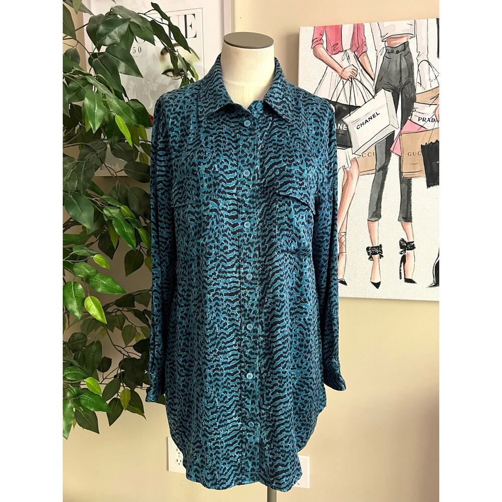 Coastal Grunge Silk Soft Surroundings Tiger Print Chic Button Up Long Shirt Sz M